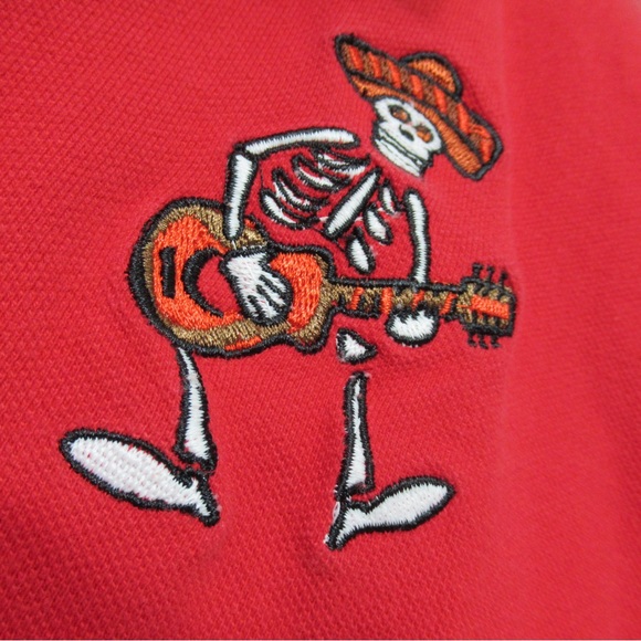 Red Polo Shirt Embroidered Mexican Mariachi Skeleton with Guitar Size Large - Picture 1 of 13
